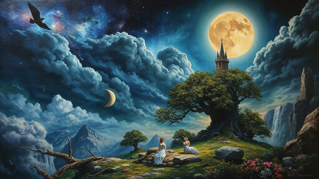 Magical Fairytale Landscape Under a Rococo Full Moon