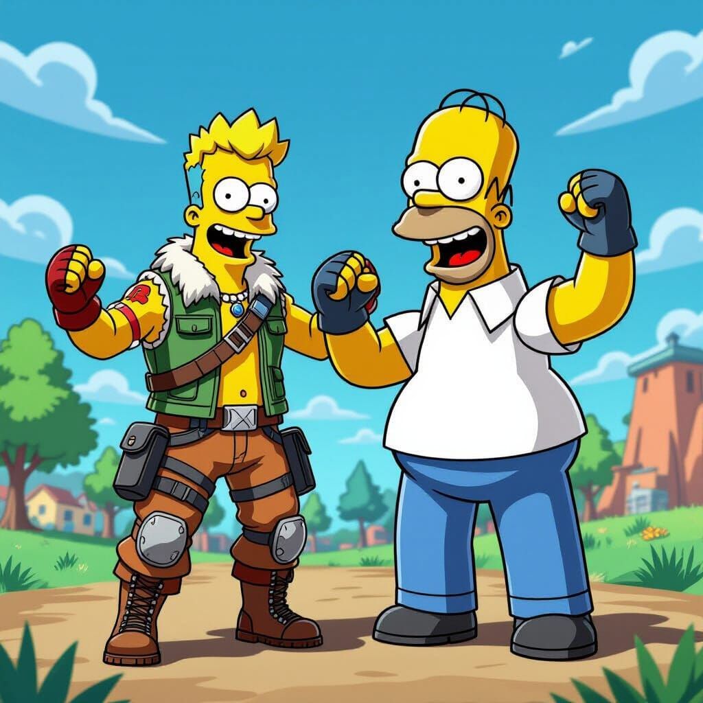 Fortnite Character and Homer Simpson Dancing in Comic Style