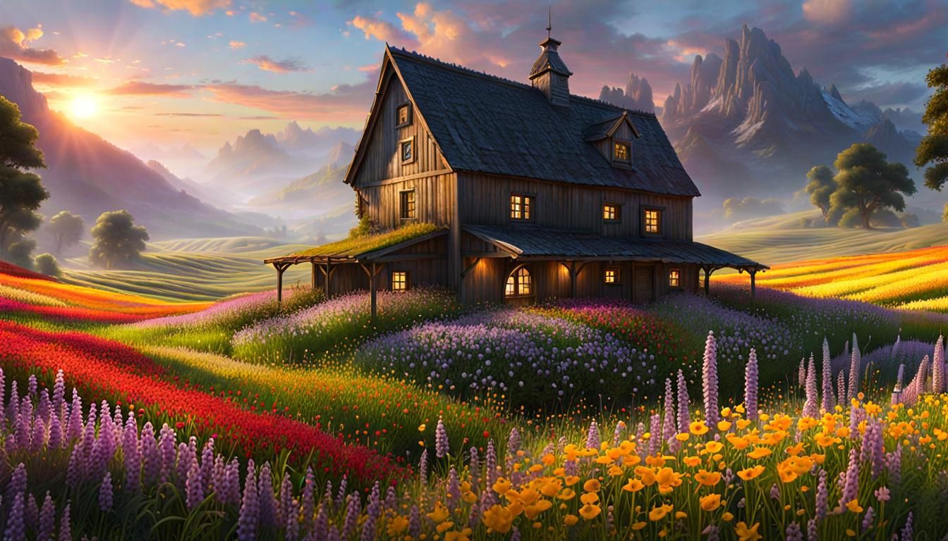 Windblown Homestead in Fields of Wildflowers