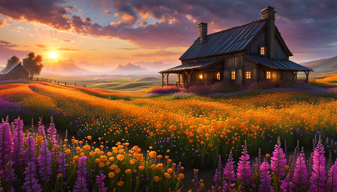 Windblown Homestead Amidst Wildflower Fields