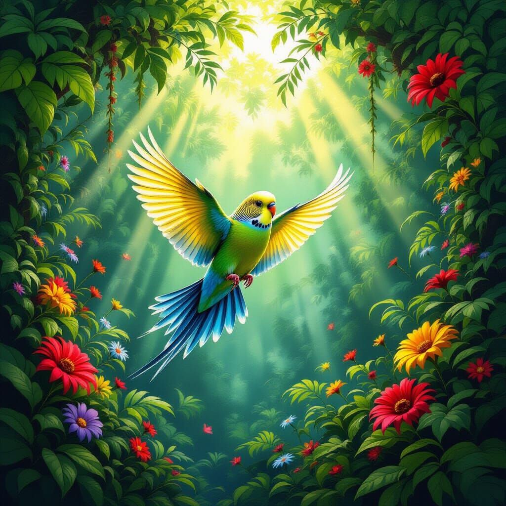 Vibrant Budgie Flies Through Sunlit Forest Canopy