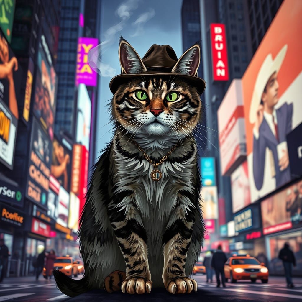 Cyberpunk Tabby Cat in Times Square