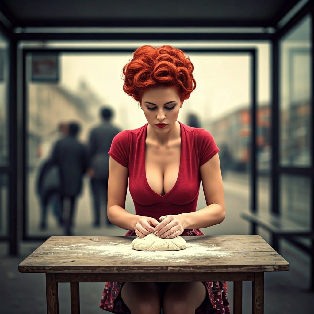 Woman Kneading Dough in a Bustling City Bus Stop