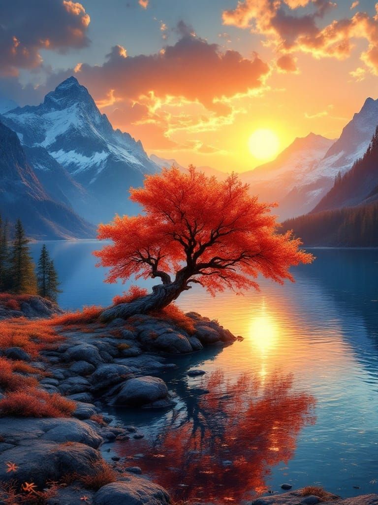 Autumn Maple Tree Majestically Reflects in Serpentine Lake