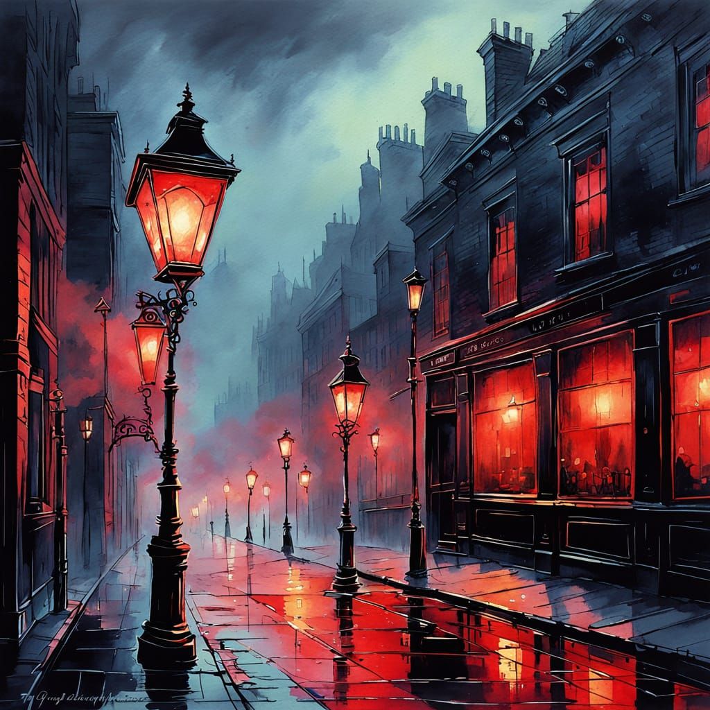 Ethereal Gaslamp London in Fading Red Glow