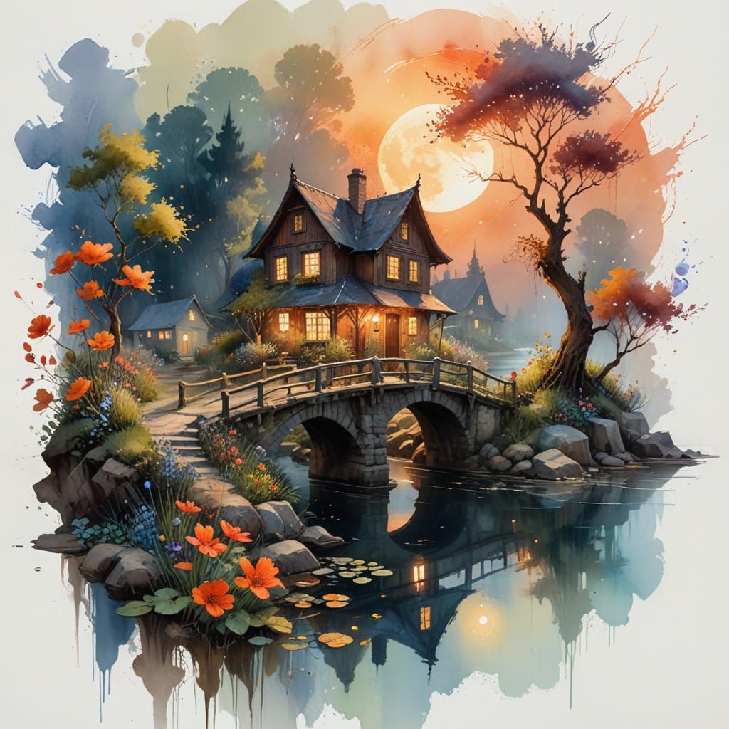 Twilight Village Scene in Dreamy Watercolor Style