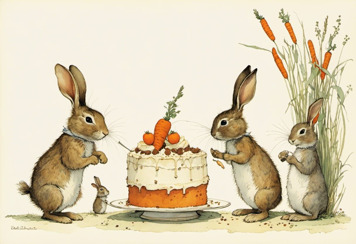 Bunnies Eating Cake in Children's Book Illustration Style