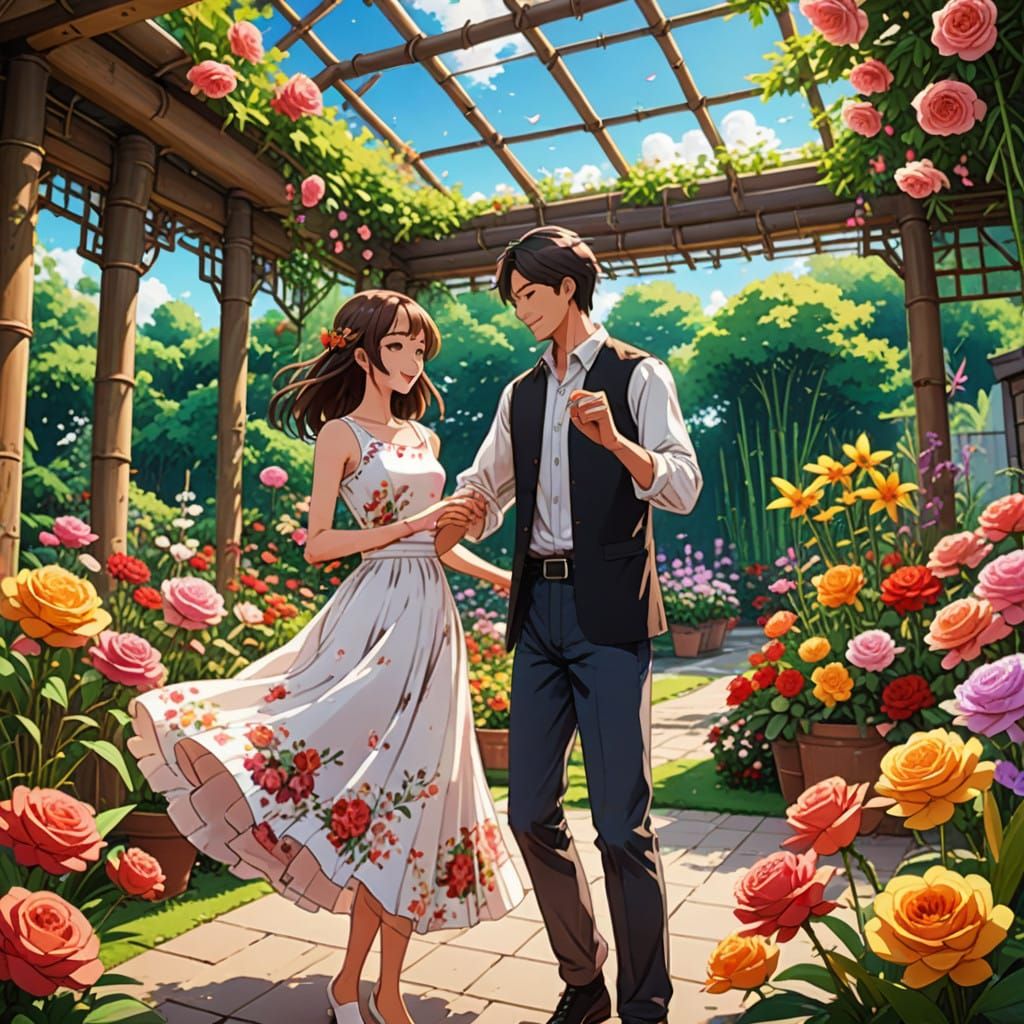 Anime Couple Dances in Vibrant Garden Oasis