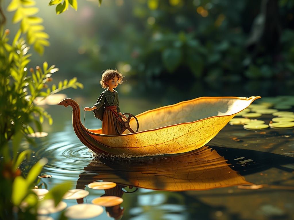 Whimsical Sailor Embarks on Serene Pond Voyage in Delicate L...