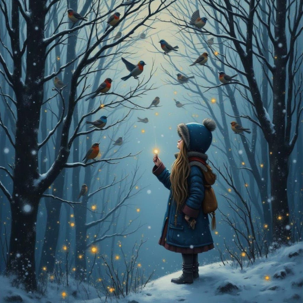 Girl Gazes at Songbirds in Snowy Forest