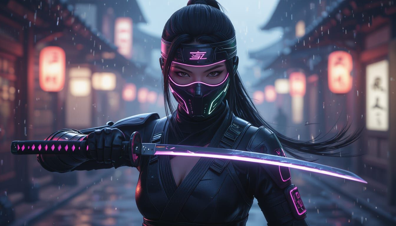 Futuristic Ninja with Katana in Hyper-Realistic Style