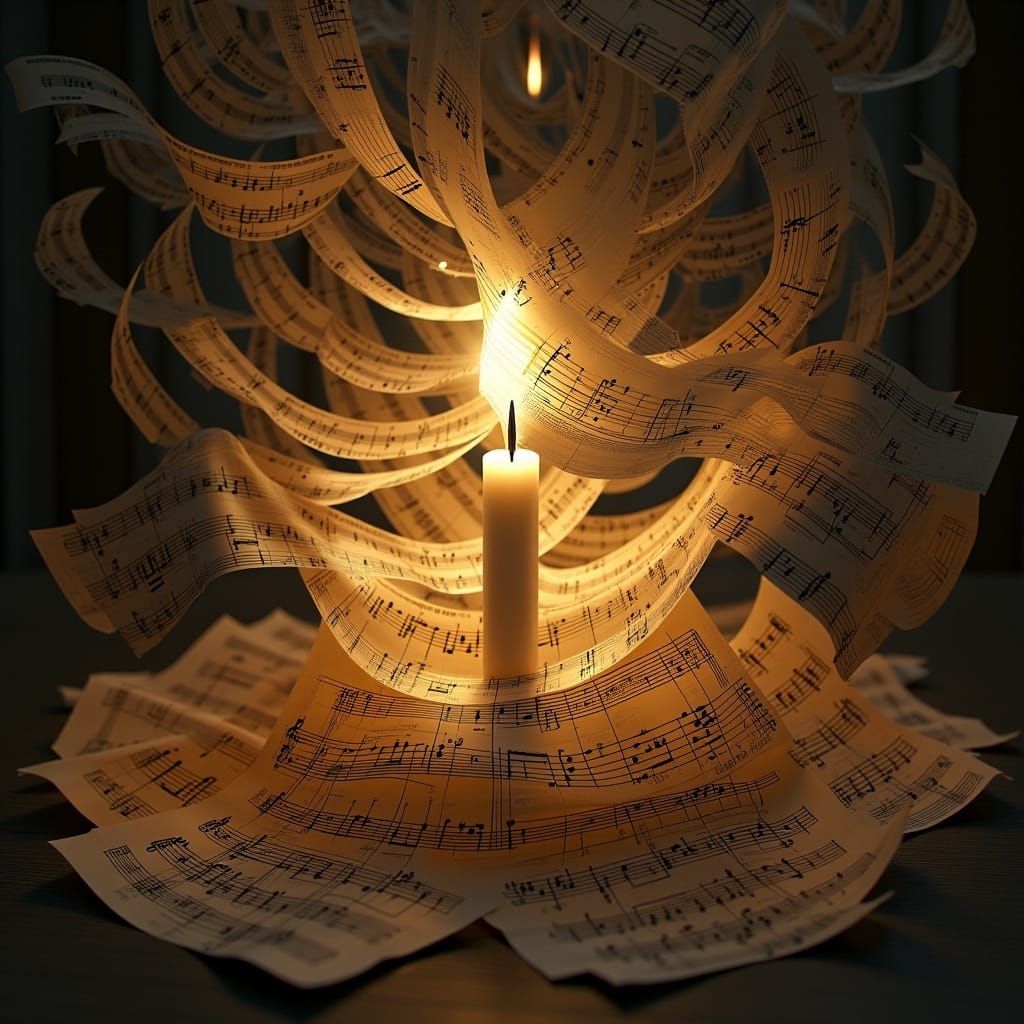 Candle and Musical Scores in 3D Digital Art