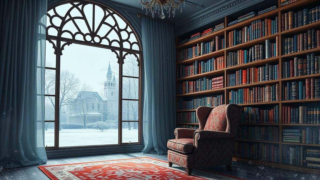Ghostly Library Interior with Snowy Window View