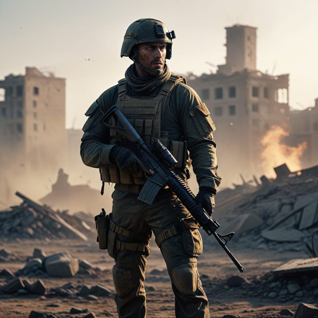 War-Torn Dawn: Soldier Stands Tall in Desolate Battlefield