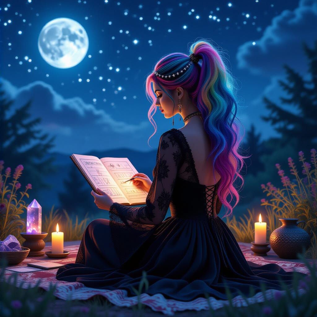 Cosmic Witch Creates Natal Charts Under Moonlight