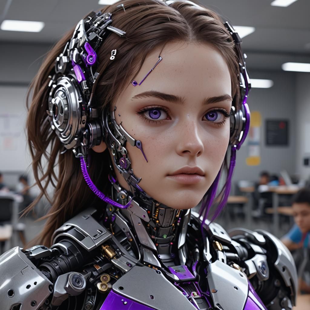 Cyborg Teenager in Classroom, Sci-Fi Digital Art