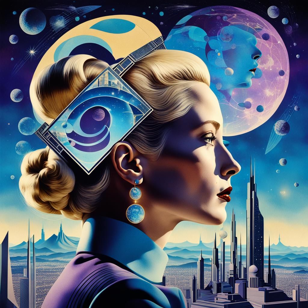 Retro-Futuristic Woman in Surrealist Cityscape