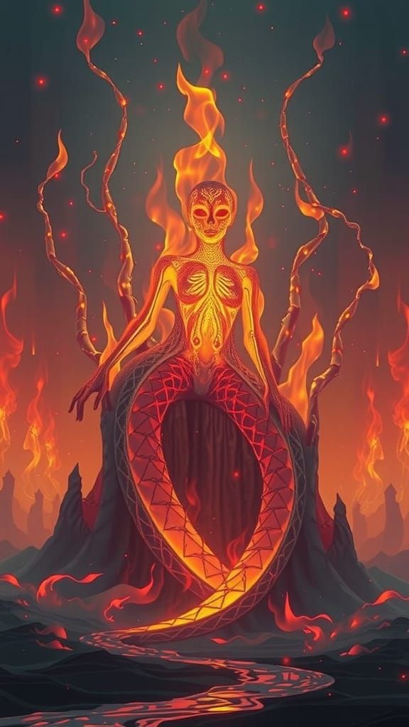 Iridescent Fire Elemental in Cyberpunk Biomechanical Scene