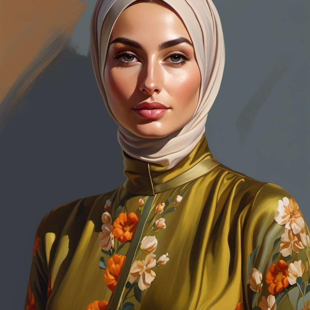 European Hijabi Woman Portrait in Detailed Oil Painting
