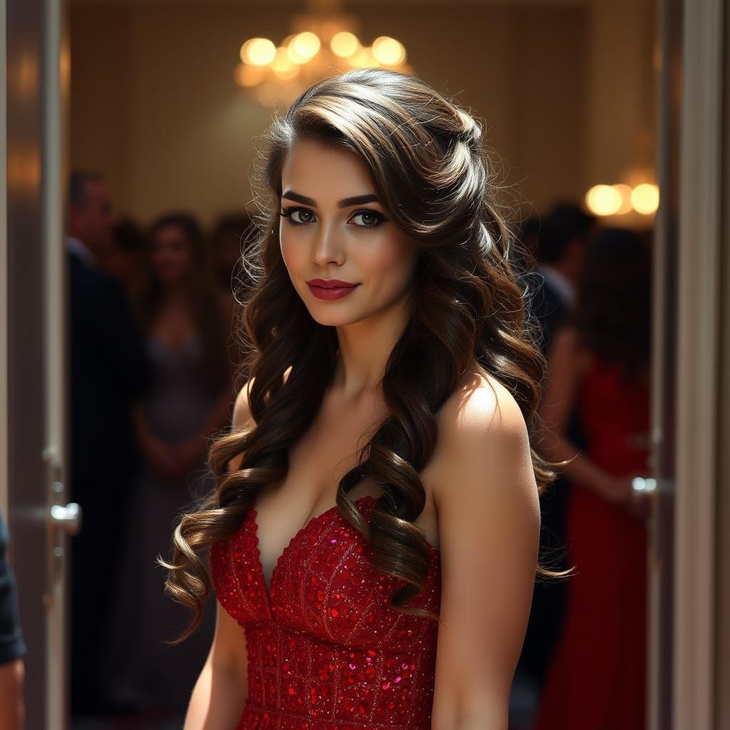 Woman in Red Dress Arrives at Prom