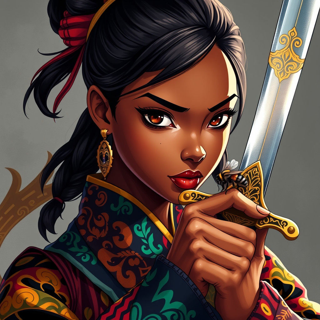 West African Samurai Girl in Studio Trigger Anime Style