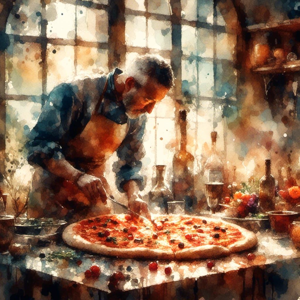 Italian Chef Prepares Pizza: Impressionistic Watercolor