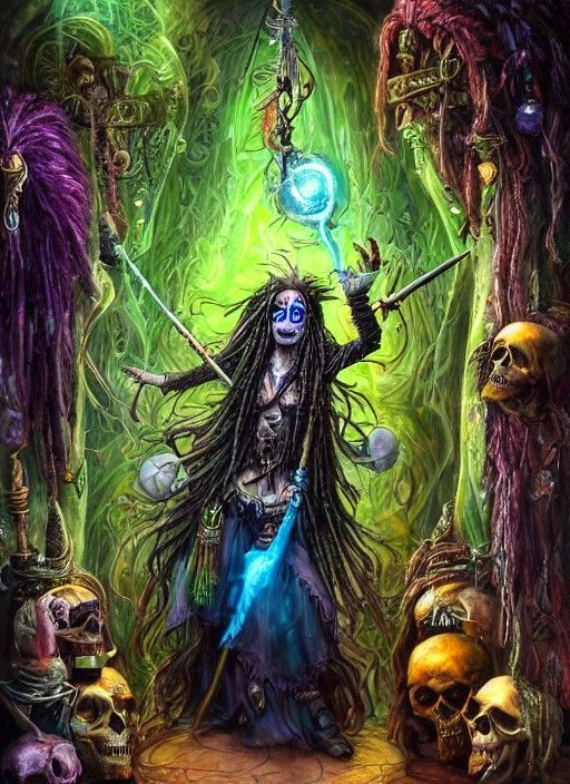 Green-Eyed Witch Shaman with Raven, Detailed Digital Art