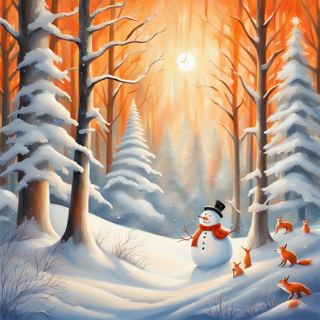 Winter Forest Scene with Snowman