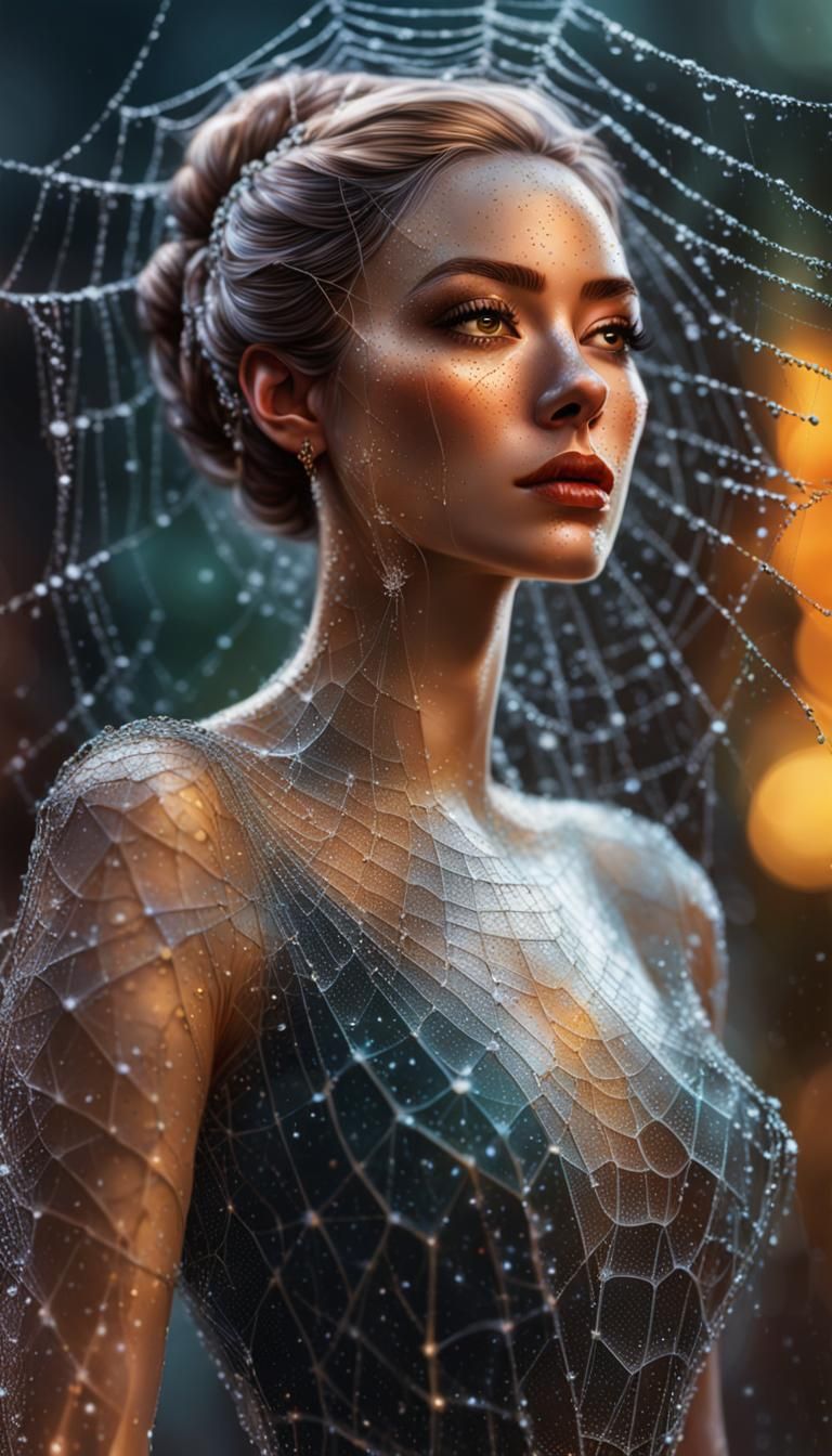 Miniature Woman in Spiderweb Dress: Hyperrealistic Art