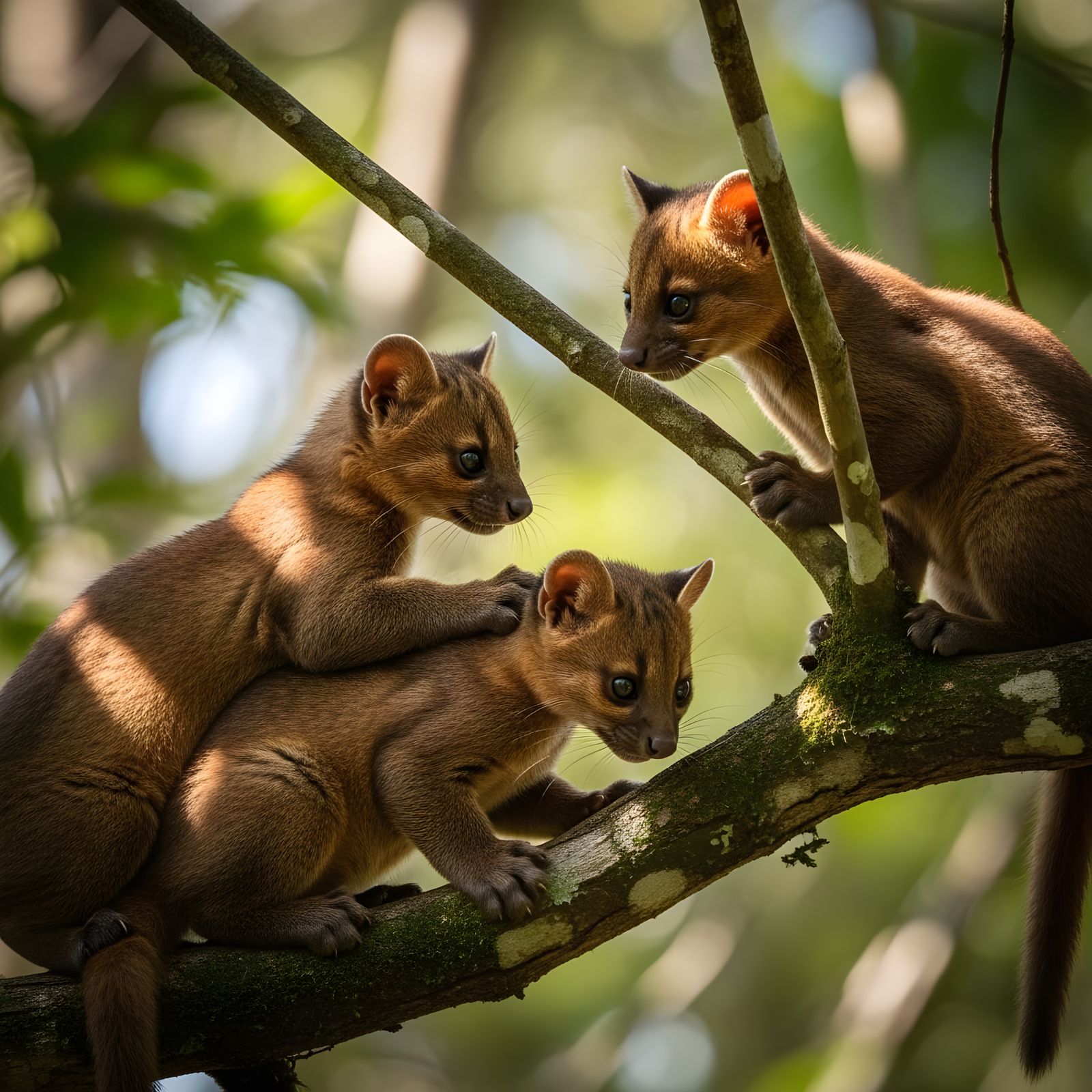Three FOSSA cubs playing high in the forest canopy of Madaga...