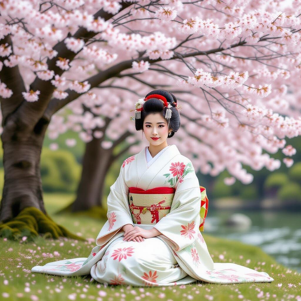 Japanese Princess Under Cherry Blossoms