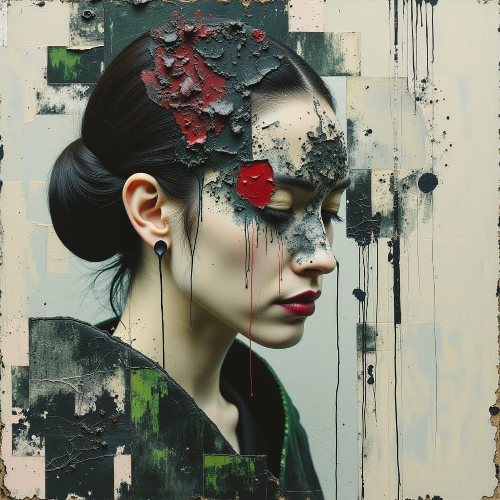 Fragile Geisha in Dark Oil Painting Style