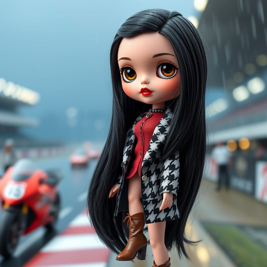 Vintage-Inspired Blythe Doll at the Rainy Racetrack