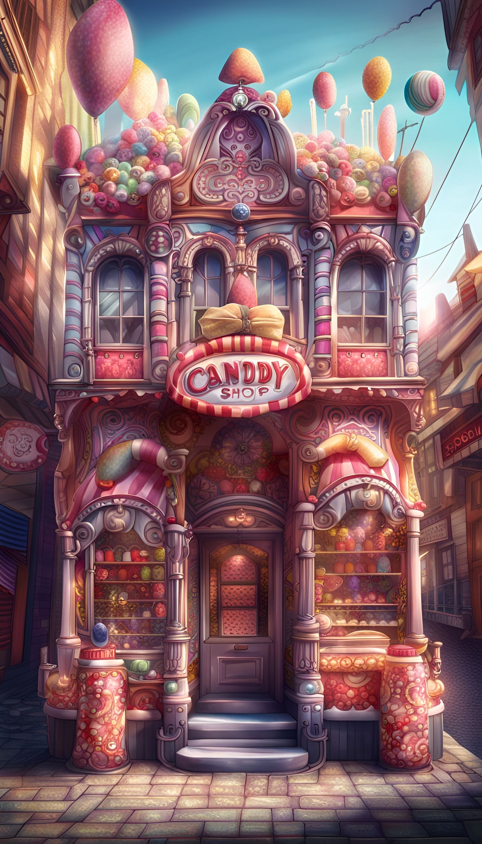 Intricate Candy Shop Illustration in Watercolor Style