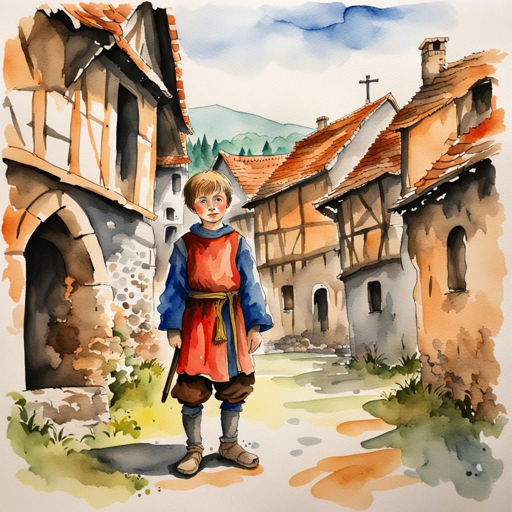 Medieval Boy in Village: Watercolor and Ink Art