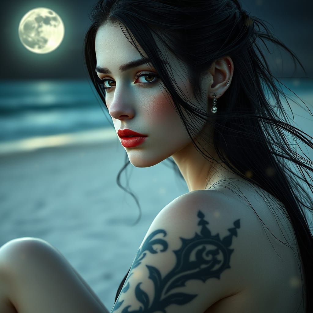 Enchanting Fairy Portrait with Black Eyes on Moonlit Beach