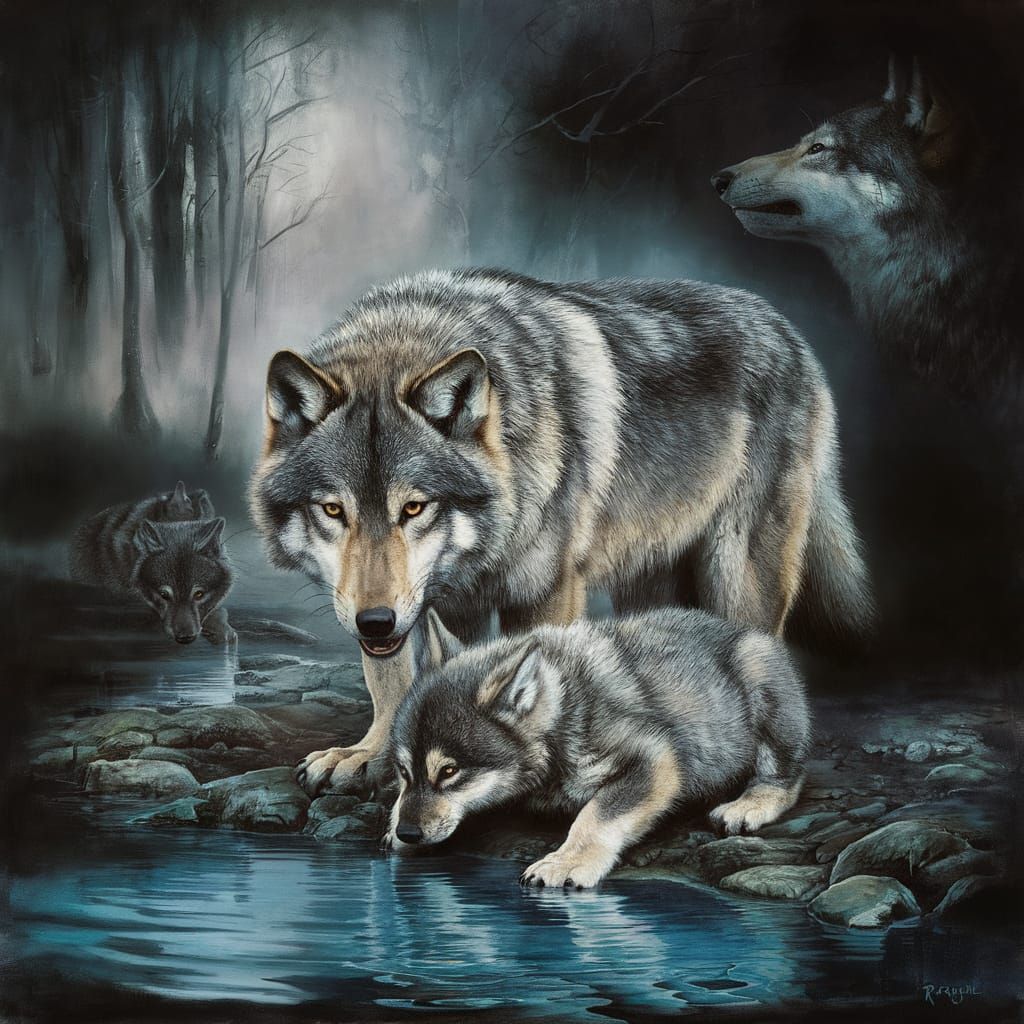 Surrealist Timber Wolf and Pup in Misty Forest