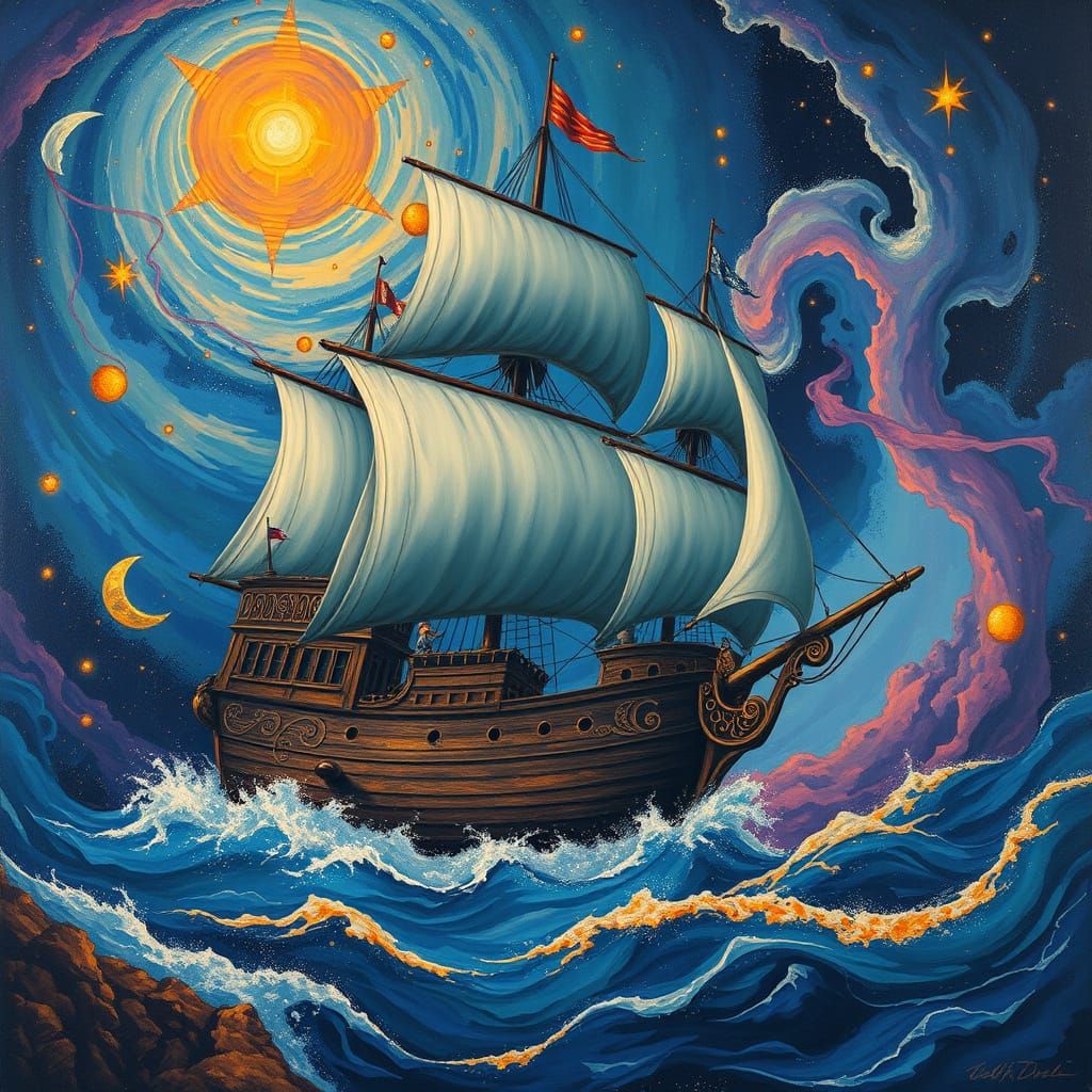 Galleon Sailing Through Nebula in Surreal Art Nouveau Style