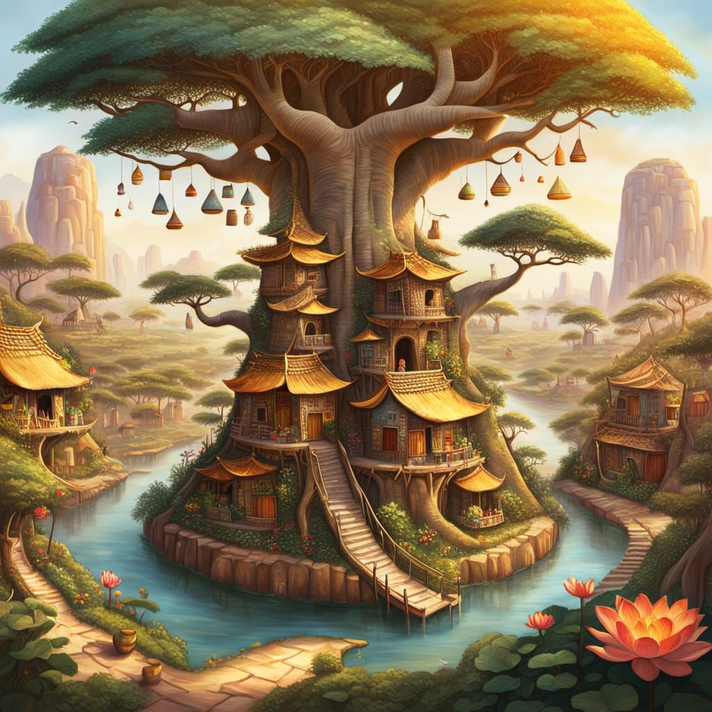 Miniature Village Inside Baobab Tree and Lotus Flower