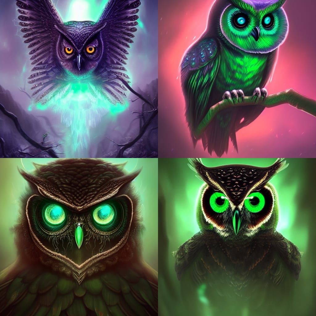 Glowing Green Owl Portrait in Detailed Matte Painting