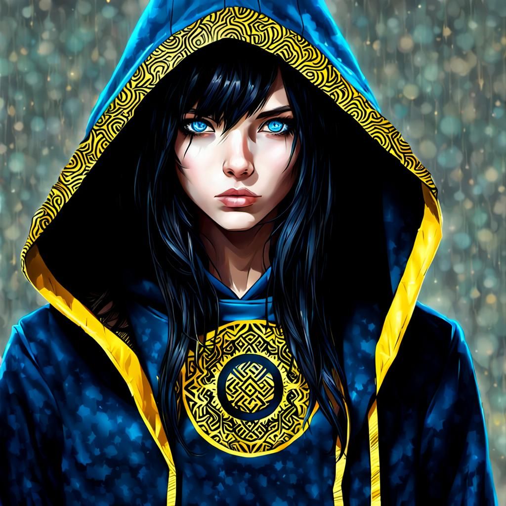 Hooded Woman with Piercing Blue Eyes