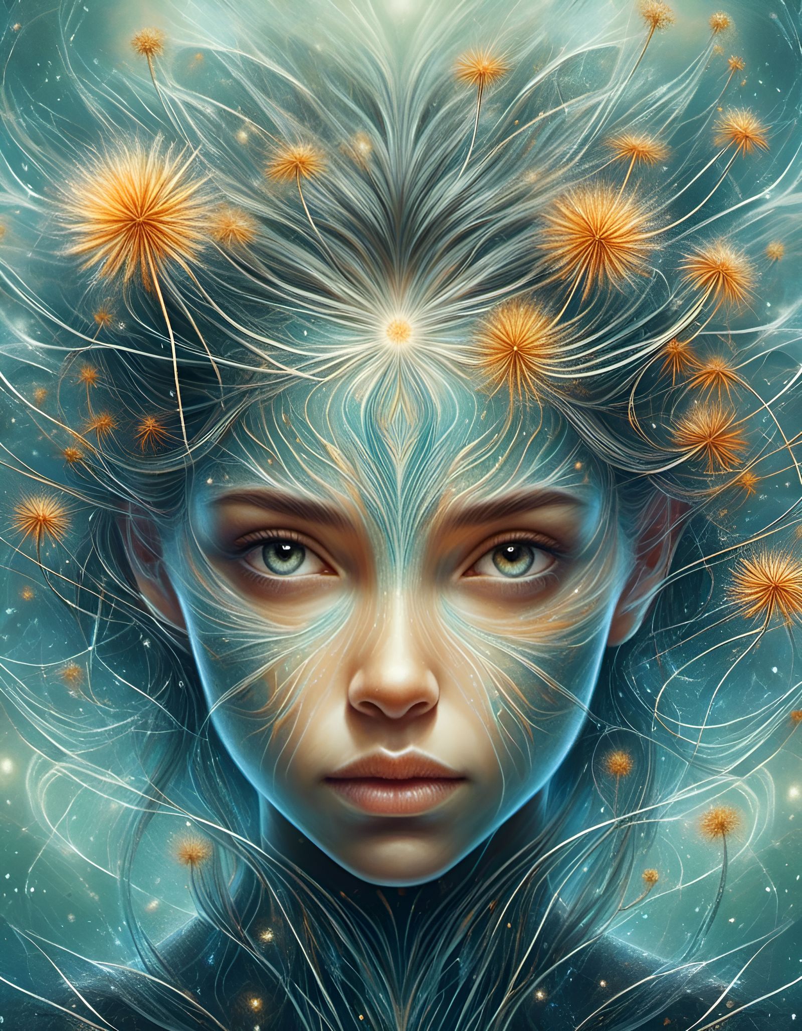 Botanical Dandelion Girl in Psychedelic Luminism Style