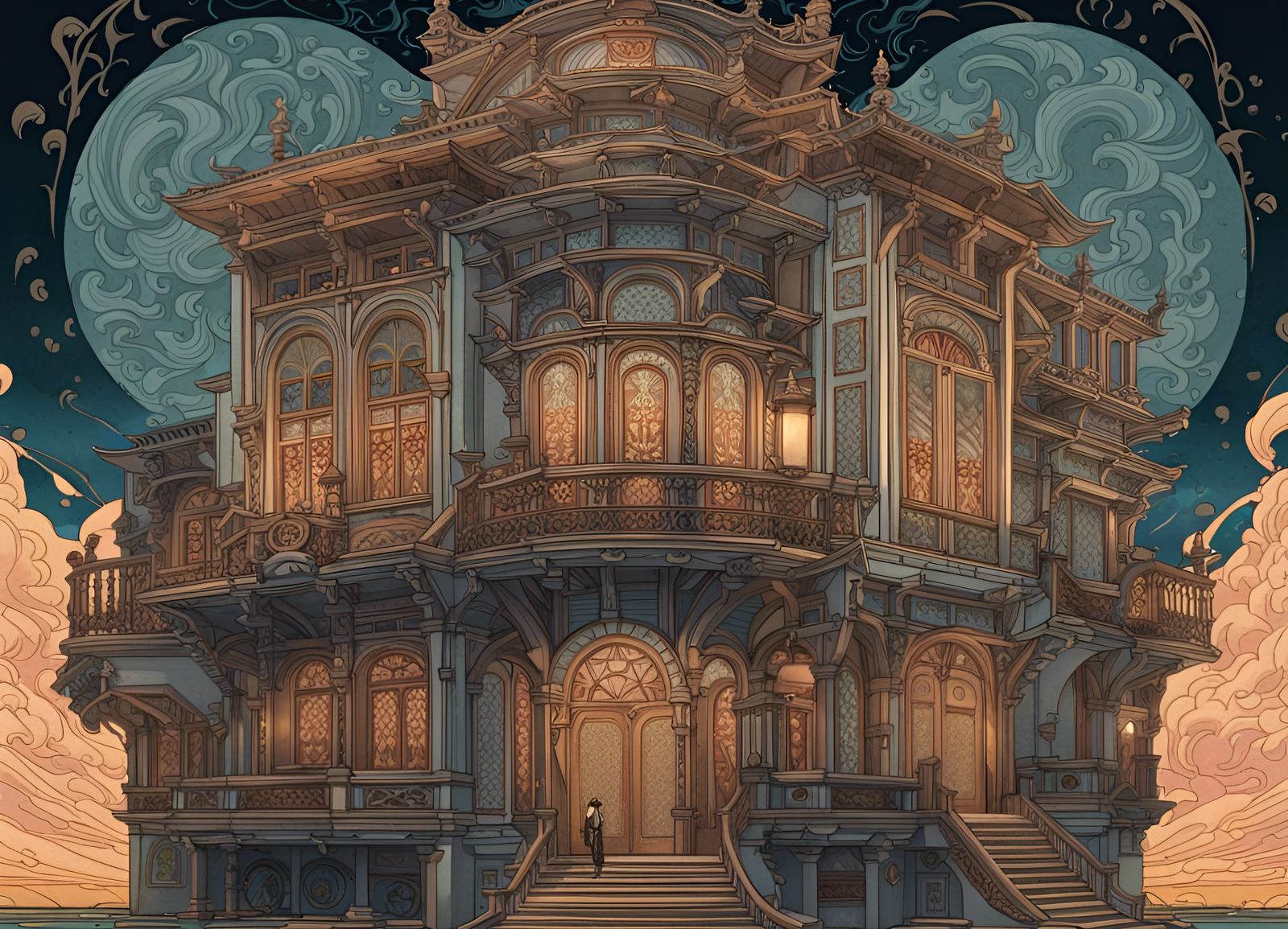 Eldritch Art Nouveau Castle in Ukiyo-e Style
