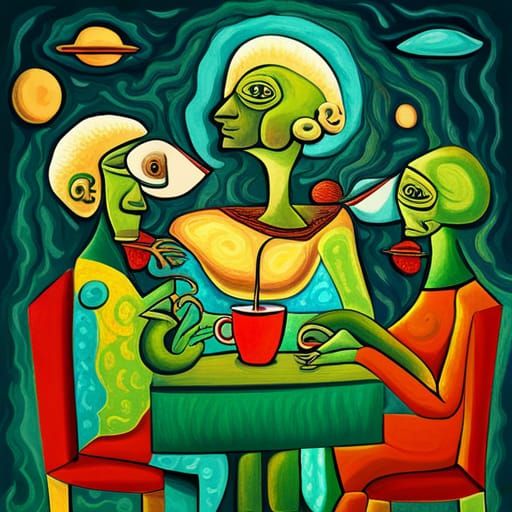 Martians' Coffee Break: Psychedelic Picasso-Style Space Art