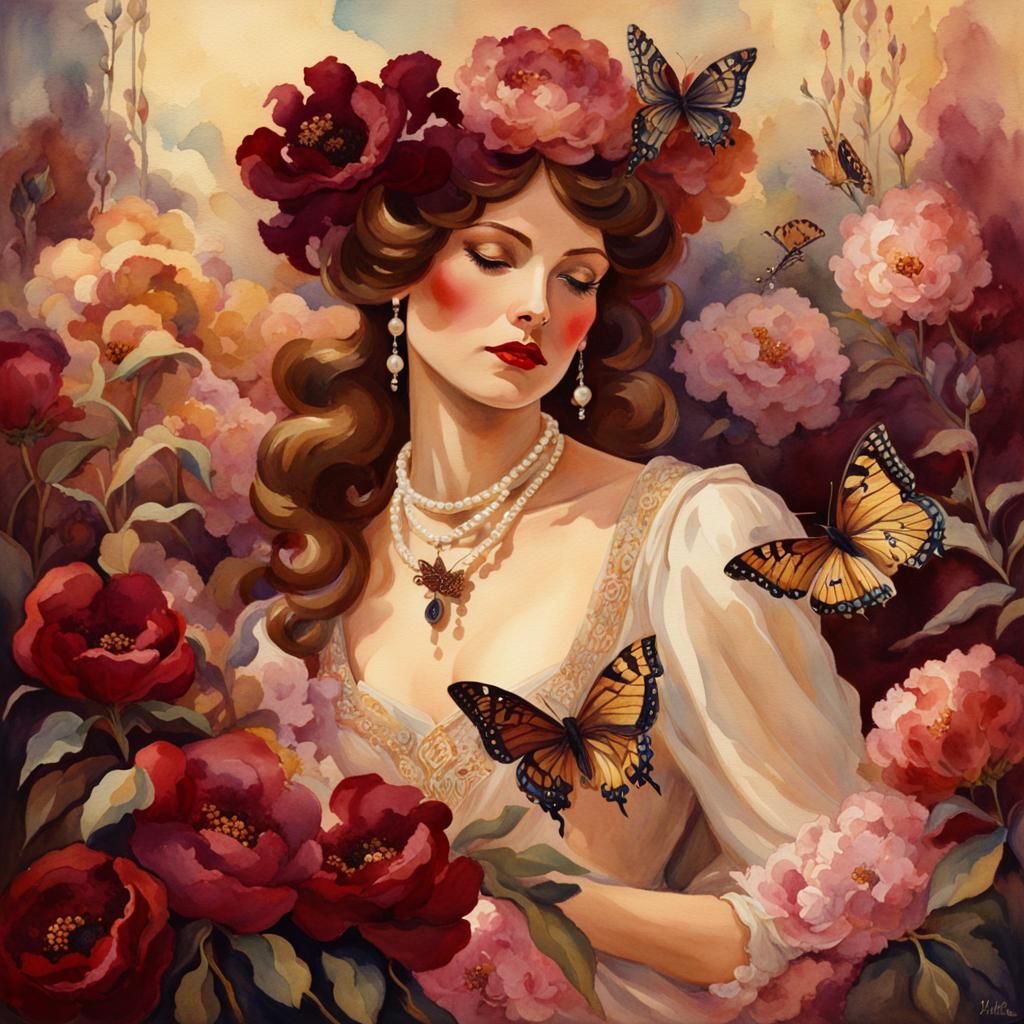 Woman with Burgundy Flowers in Watercolor Style