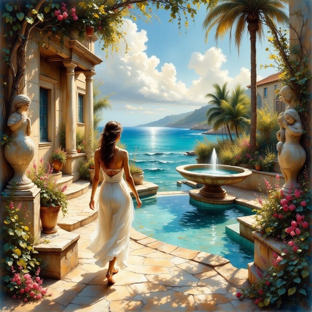 Woman in Greek Courtyard with Azure Ocean Backdrop