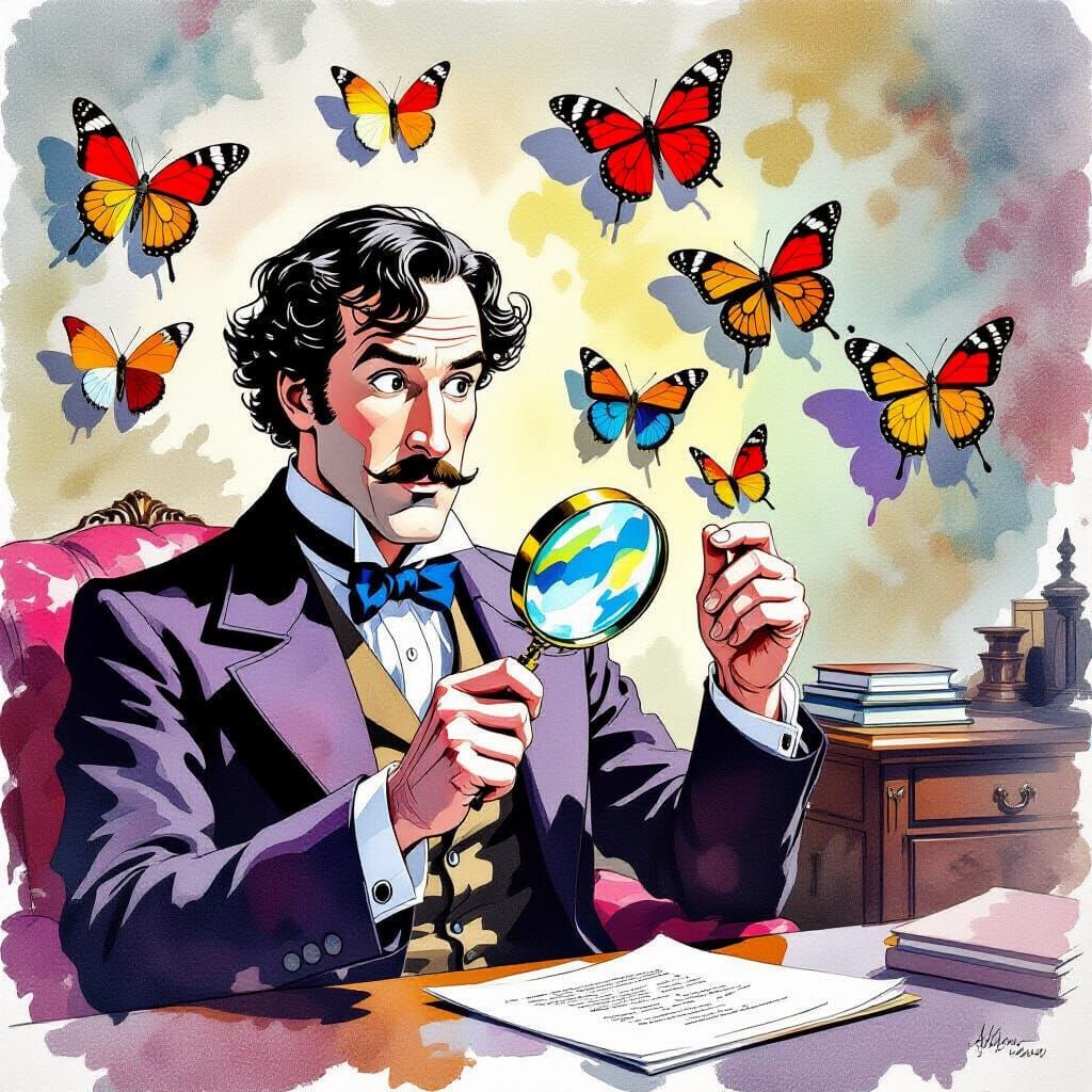Sherlock Holmes Investigates Butterflies, Watercolor Art Nou...