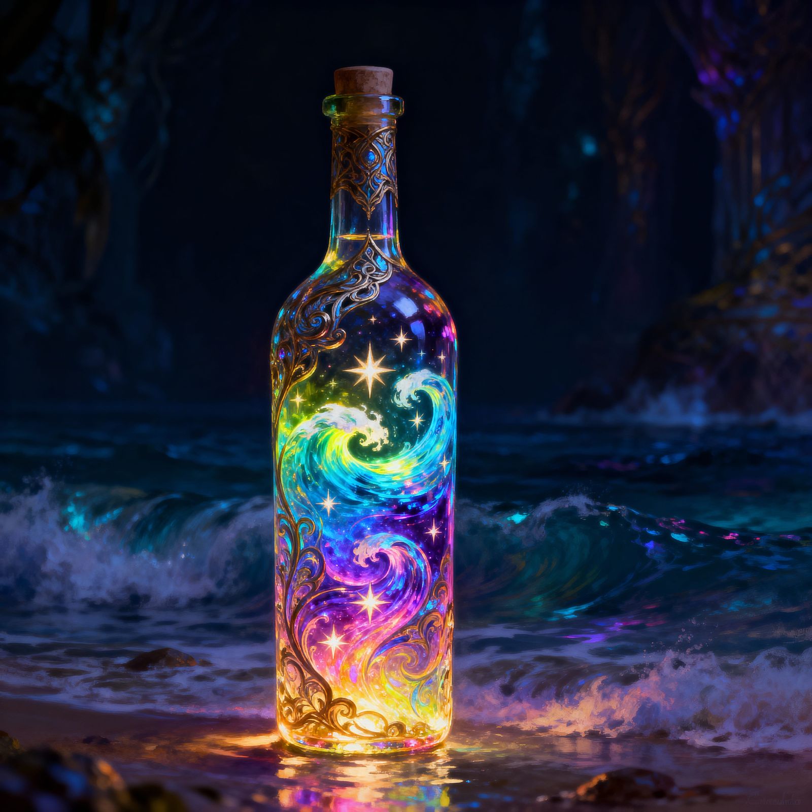Fantasy Wine Bottle With Iridescent Liquid and Star Motifs