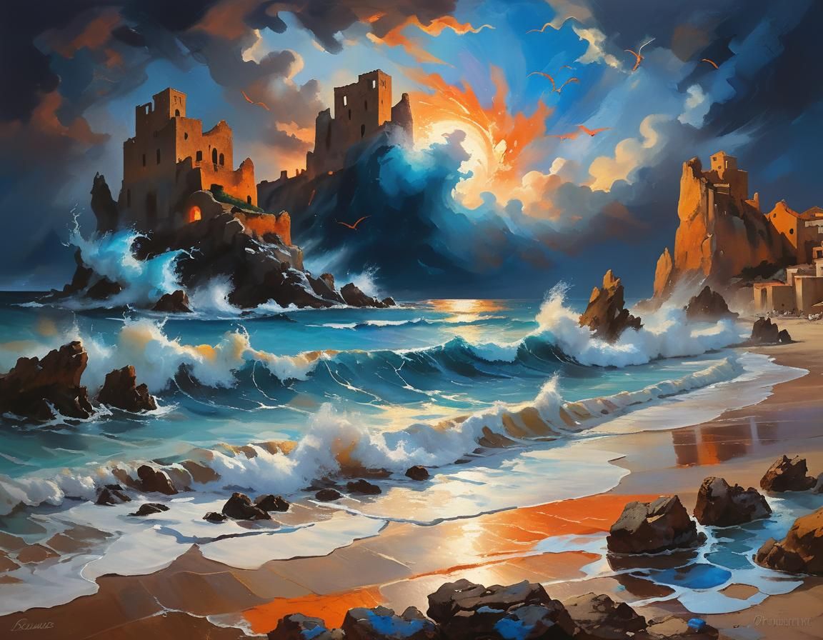 Tempestuous Sicilian Beachscape with Dragons