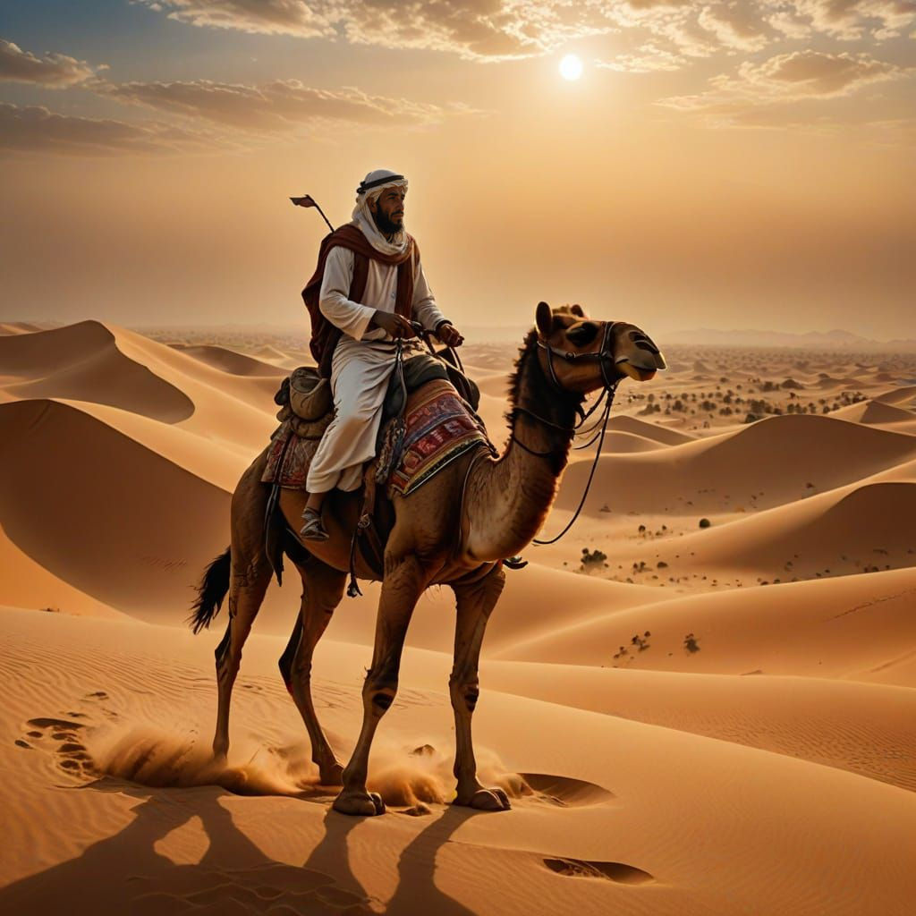 Photorealistic Desert Portrait of a Bedouin on Camel